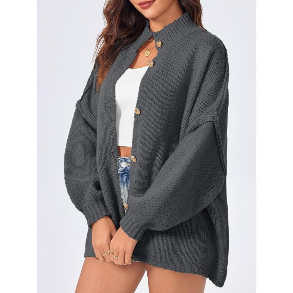 Women's  Dark Gray Oversized Cardigans Button Down Chunky Fall Sweater Coats - Picture 4 of 5
